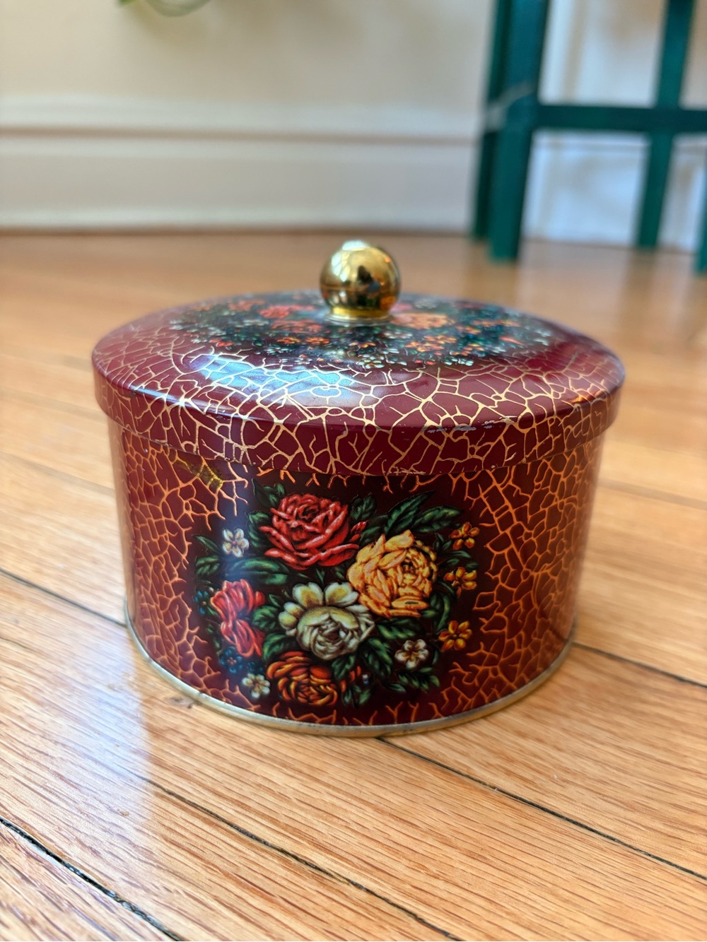 Vintage Decorative English Floral Trinket Tin Box - Red with Gold Floral Accent